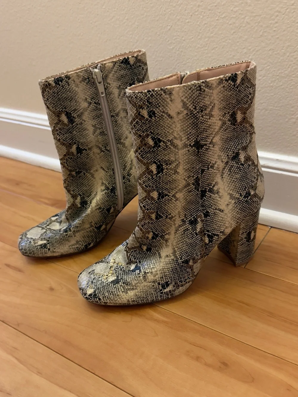 Snakeskin Pattern Ankle Boots in Beige and Black